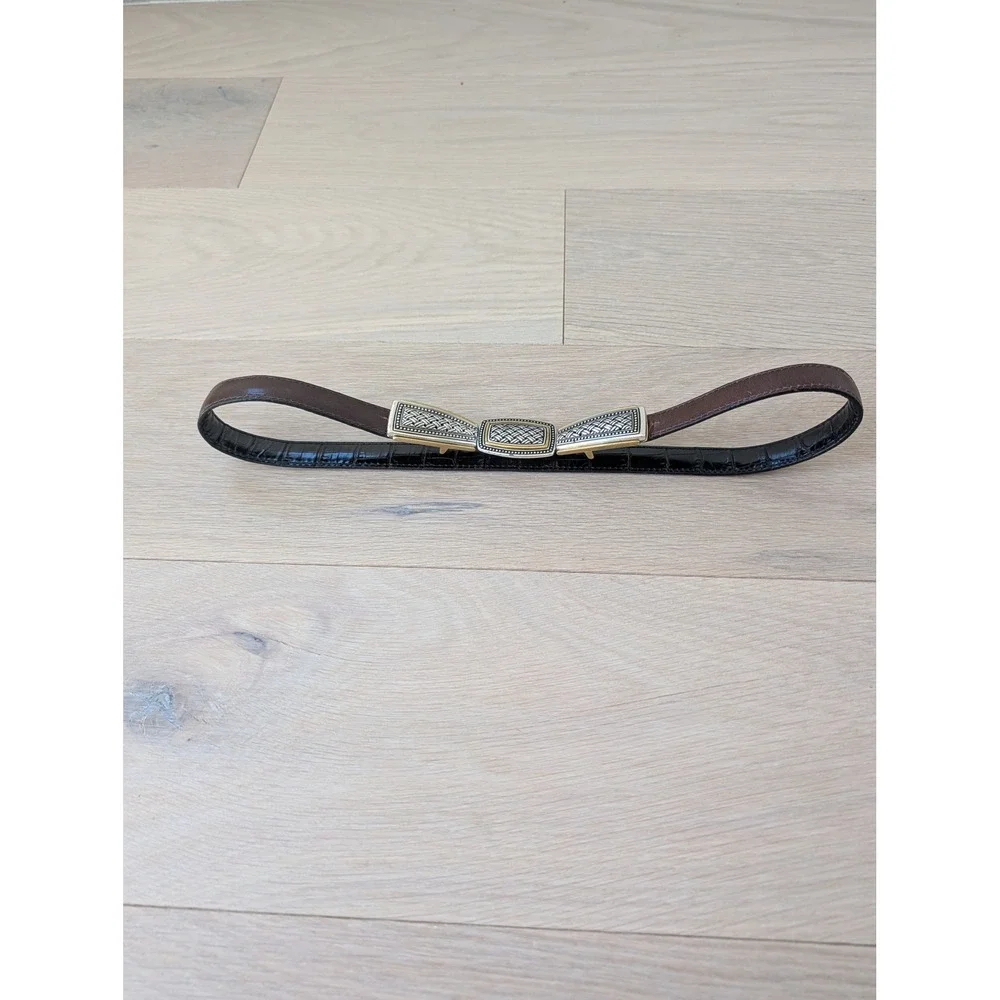 Vintage Woven Metal Accent Leather Black Embossed Leather Statement Belt Small